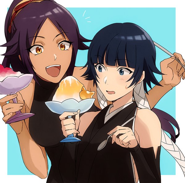 Anime picture 807x800 with bleach studio pierrot shihouin yoruichi soifon yukin (es) long hair fringe short hair open mouth blue eyes black hair simple background bare shoulders multiple girls yellow eyes looking away purple hair ponytail blunt bangs braid (braids)