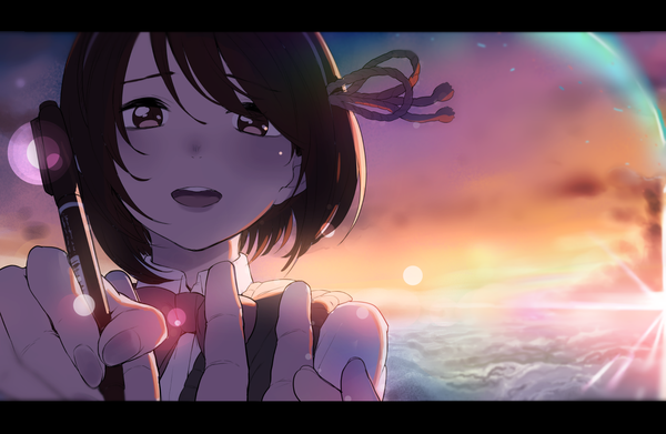 Anime picture 1628x1062 with kimi no na wa miyamizu mitsuha akagi asahito looking at viewer blush fringe short hair open mouth smile hair between eyes brown hair holding brown eyes sky cloud (clouds) upper body fingernails blurry teeth lens flare