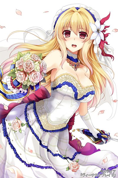Anime picture 640x960 with venus blade hisenkaede single long hair tall image looking at viewer blush fringe open mouth simple background blonde hair red eyes white background bare shoulders signed spread arms girl dress gloves flower (flowers)