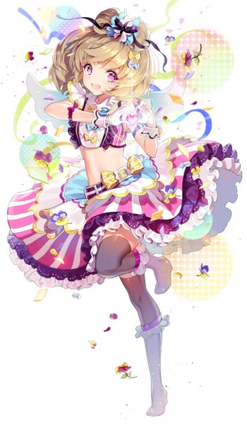 Anime picture 703x1203 with soccer spirits original cherrypin single tall image looking at viewer fringe short hair open mouth simple background blonde hair standing bent knee (knees) pink eyes bare belly alternate costume standing on one leg heart hands girl thighhighs