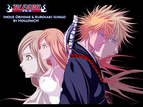 Anime picture 1000x750 with bleach studio pierrot kurosaki ichigo inoue orihime hollowcn long hair short hair japanese clothes profile pink eyes orange hair inscription orange eyes coloring black background letterboxed zoom layer girl boy kimono