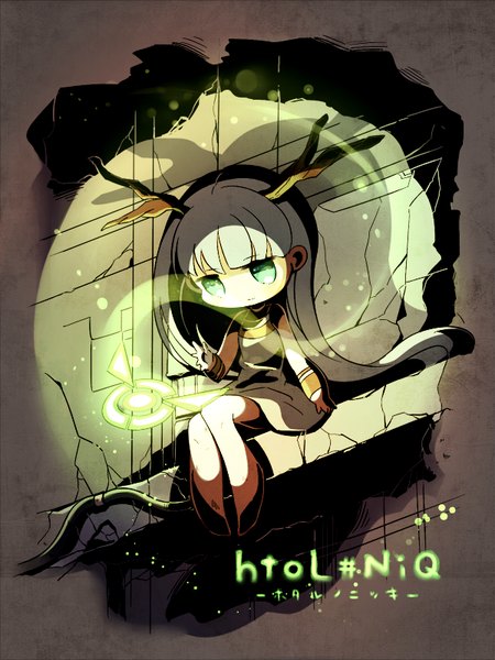 Anime picture 600x800 with htol#niq: hotaru no nikki mion (htol#niq) hotaru (htol#niq) cave (pixiv) single tall image fringe sitting green eyes full body blunt bangs very long hair horn (horns) grey hair bare legs shadow from below copyright name sleeveless outstretched arm