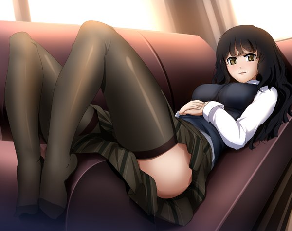 Anime picture 1500x1189 with original umakatsuhai single long hair looking at viewer blush open mouth light erotic black hair light smile black eyes on back no shoes girl thighhighs skirt black thighhighs shirt couch