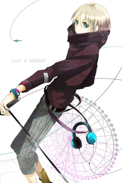 Anime picture 1200x1800 with nico nico singer ak single tall image looking at viewer short hair blue eyes blonde hair white background inscription boy earrings bracelet belt headphones microphone wire (wires) microphone stand