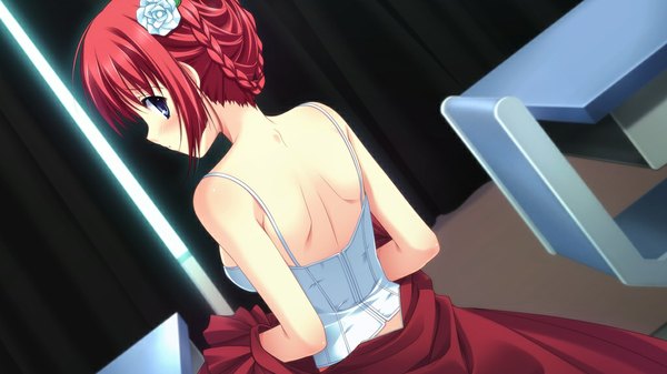 Anime picture 1024x576 with da capo shirakawa kotori single blush short hair blue eyes wide image game cg red hair back girl