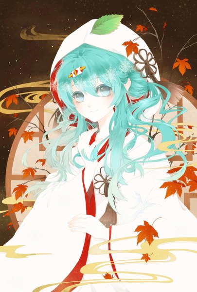 Anime picture 1350x2000 with vocaloid hatsune miku jyu single long hair tall image looking at viewer traditional clothes aqua eyes aqua hair girl leaf (leaves)