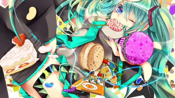 Anime picture 1920x1080 with vocaloid hatsune miku togashi (choco-bakama kitchen) single long hair highres blue eyes wide image twintails nail polish one eye closed wink aqua hair mouth hold girl thighhighs necktie food sweets berry (berries)