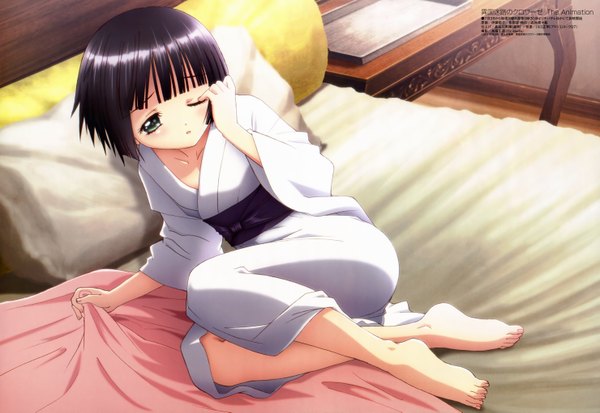 Anime picture 5920x4082 with ikoku meiro no croisee megami magazine satelight yune (ikoku meiro no croisee) itou ikuko highres short hair black hair green eyes absurdres japanese clothes one eye closed wink scan official art loli girl kimono bed