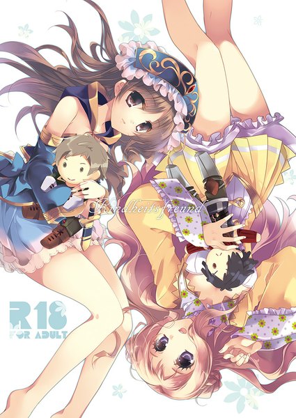 Anime picture 800x1130 with atelier (series) atelier totori atelier meruru gust (company) totooria helmold merurulince rede arls minazuki haruka long hair tall image open mouth simple background blonde hair brown hair white background purple eyes bare shoulders multiple girls holding brown eyes barefoot