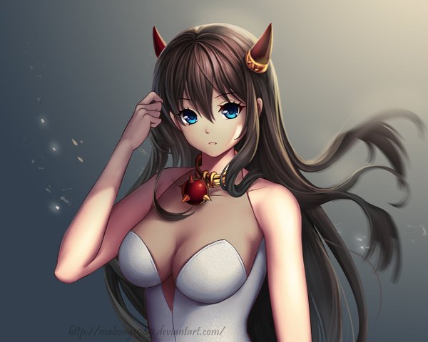Anime picture 1249x1000 with original riiya (mabong1989) single long hair looking at viewer breasts blue eyes light erotic black hair bare shoulders horn (horns) grey background wallpaper girl