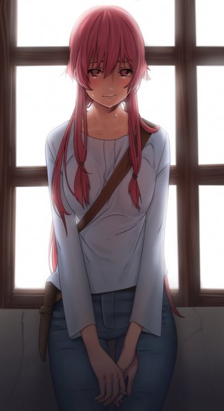 Anime picture 930x1703 with mirai nikki gasai yuno revolmxd single long hair tall image looking at viewer blush fringe standing twintails pink hair pink eyes light smile embarrassed girl window pants bag jeans