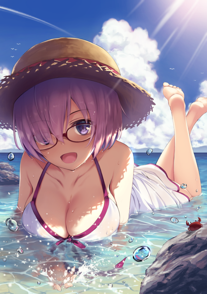 Anime picture 598x850 with fate (series) fate/grand order mash kyrielight mash kyrielight (swimsuit of perpetual summer) ouka (ra-raradan) single tall image looking at viewer fringe short hair breasts open mouth light erotic smile large breasts purple eyes bare shoulders pink hair sky cleavage