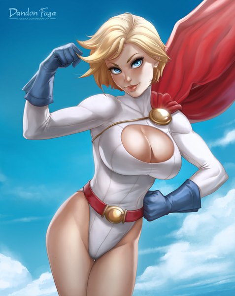 Anime picture 700x880 with dc comics power girl dandon fuga single tall image looking at viewer short hair breasts blue eyes light erotic blonde hair large breasts sky cloud (clouds) light smile realistic eyebrows superhero girl gloves