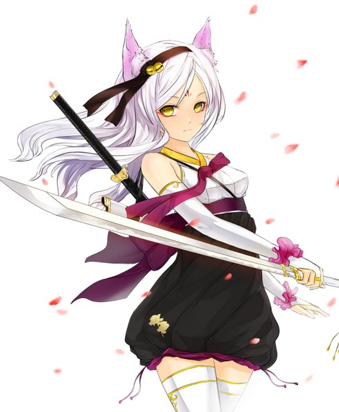 Anime picture 1188x1447 with original lucifer301 single long hair tall image looking at viewer simple background standing white background bare shoulders holding animal ears yellow eyes white hair traditional clothes japanese clothes cat ears cat girl zettai ryouiki facial mark