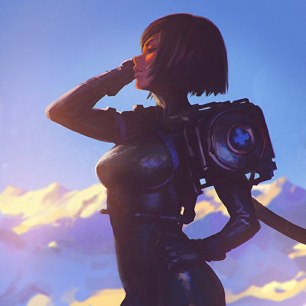 Anime picture 900x900 with original ilya kuvshinov single fringe short hair breasts brown hair standing sky profile lips black eyes sunlight realistic hand on hip adjusting hair mountain landscape arched back nurse
