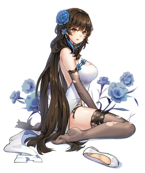 Anime picture 1020x1214 with girls frontline type 95 (girls frontline) type 95 (narcissus) (girls frontline) gustav cho single long hair tall image fringe light erotic brown hair white background sitting bare shoulders brown eyes full body mole mole under eye official alternate costume wariza floral background