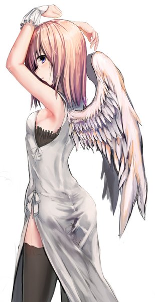 Anime picture 516x1000 with original iori (cpeilad) single long hair tall image looking at viewer simple background white background looking back orange hair grey eyes chinese clothes angel wings white wings angel girl thighhighs dress black thighhighs wings