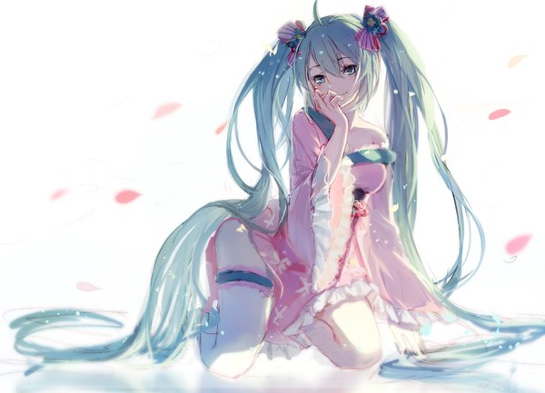Anime picture 1280x924 with vocaloid hatsune miku you hashira single long hair looking at viewer fringe breasts simple background smile hair between eyes white background twintails ahoge very long hair traditional clothes japanese clothes aqua eyes aqua hair wide sleeves