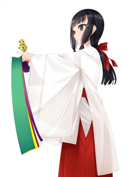 Anime picture 1100x1500 with original murakami suigun single long hair tall image black hair simple background white background looking away traditional clothes japanese clothes black eyes miko girl bow hair bow bell jingle bell kagura suzu chihaya (clothing)