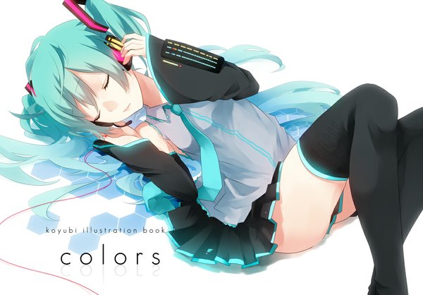 Anime picture 1000x697 with vocaloid hatsune miku koyubi single long hair blush twintails bare shoulders lying eyes closed light smile aqua hair on side girl thighhighs skirt necktie headphones microphone