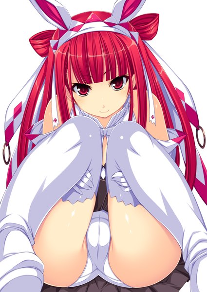 Anime picture 1254x1771 with beatmania iidx kinoshita ichi single long hair tall image looking at viewer light erotic simple background red eyes white background red hair girl thighhighs gloves underwear panties white thighhighs elbow gloves
