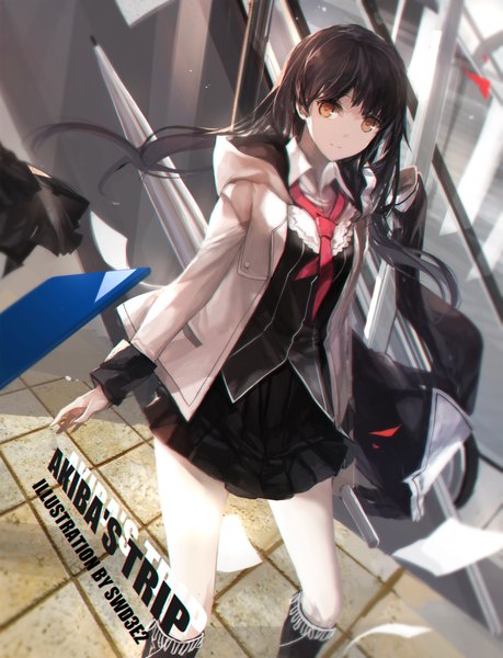 Anime picture 1535x2008 with akiba's trip fumizuki rui swd3e2 single long hair tall image looking at viewer black hair brown eyes girl skirt uniform school uniform socks black socks