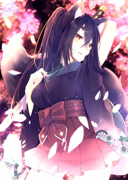 Anime picture 1417x2000 with original chita (ketchup) single long hair tall image blush fringe open mouth black hair hair between eyes standing holding signed animal ears payot tail nail polish traditional clothes japanese clothes animal tail