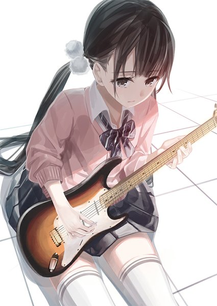 Anime picture 637x900 with original yasuno (airy light) single long hair tall image black hair sitting twintails pleated skirt black eyes zettai ryouiki girl thighhighs skirt uniform school uniform white thighhighs guitar electric guitar
