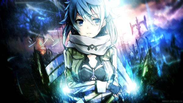 Anime picture 1920x1080 with sword art online a-1 pictures asada shino redeye27 single fringe highres short hair blue eyes hair between eyes wide image signed blue hair looking away open jacket wallpaper character names crossed arms girl gloves