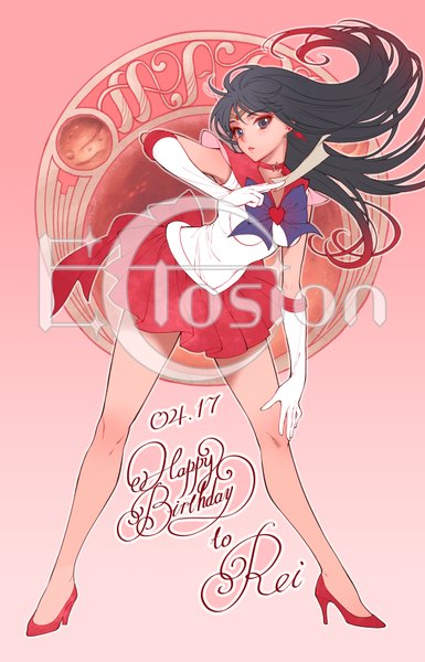 Anime picture 1062x1653 with bishoujo senshi sailor moon toei animation hino rei sailor mars super sailor mars eclosion single long hair tall image black hair signed looking away full body parted lips black eyes legs character names gradient background dated pink background