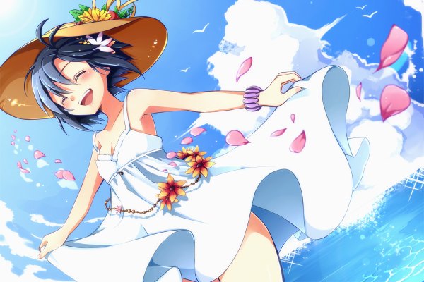 Anime picture 1200x800 with touhou kikuchi makoto aize izumi single blush short hair open mouth black hair cloud (clouds) eyes closed girl hat petals sundress