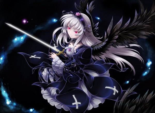 Anime picture 1640x1200 with rozen maiden suigintou mtyy single long hair red eyes white hair space goth-loli girl dress weapon sword wings hairband cross galaxy