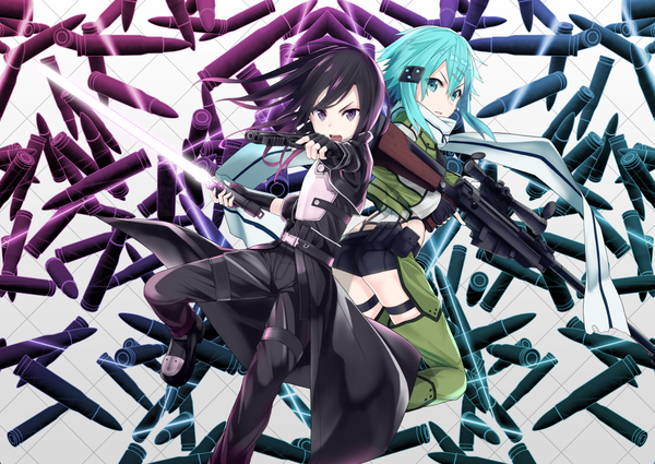 Anime picture 1200x850 with sword art online a-1 pictures kirigaya kazuto asada shino bute (butegram) long hair short hair open mouth blue eyes black hair purple eyes blue hair girl boy gloves weapon jacket shorts scarf fingerless gloves