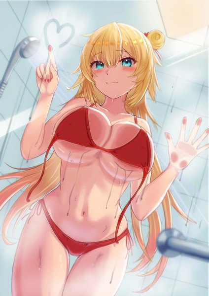 Anime picture 1190x1684 with virtual youtuber hololive akai haato boku no edamame single long hair tall image looking at viewer blush fringe breasts blue eyes light erotic blonde hair hair between eyes large breasts standing payot indoors nail polish