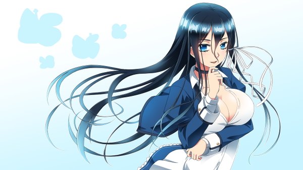 Anime picture 1280x720 with original khnchak single long hair looking at viewer breasts open mouth blue eyes light erotic wide image large breasts blue hair girl shirt