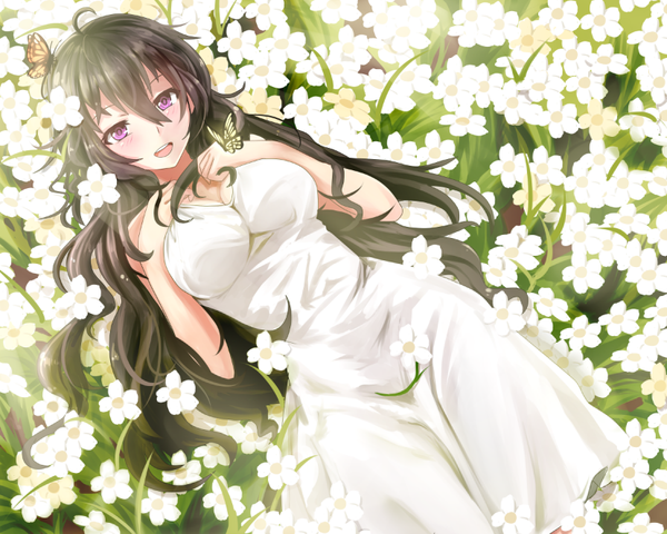 Anime picture 829x664 with original miyaura sanshio beifeng han single long hair looking at viewer blush open mouth black hair hair between eyes purple eyes butterfly on hand girl flower (flowers) insect butterfly sundress