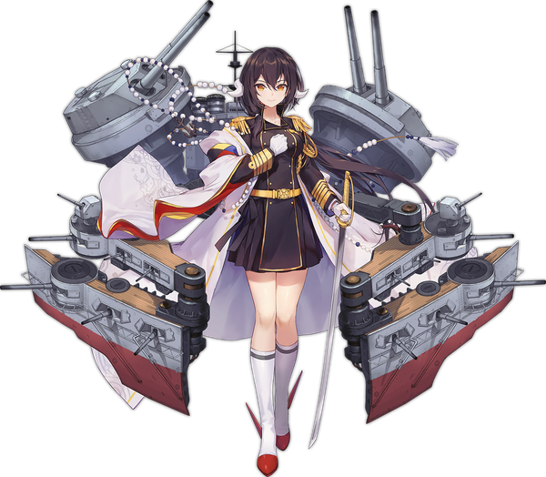 Anime picture 1280x1119 with azur lane mikasa (azur lane) criin single long hair looking at viewer fringe black hair smile hair between eyes full body ponytail long sleeves traditional clothes horn (horns) official art orange eyes transparent background military girl
