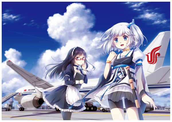 Anime picture 1403x999 with original pollia long hair blush short hair open mouth blue eyes black hair multiple girls sky cloud (clouds) white hair maid girl dress 2 girls glasses headdress maid headdress aircraft