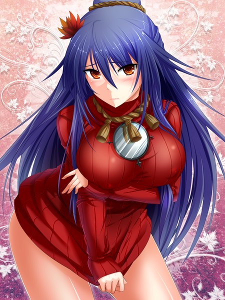 Anime picture 1200x1600 with touhou yasaka kanako bug (artist) single long hair tall image looking at viewer blush breasts light erotic red eyes large breasts blue hair girl sweater