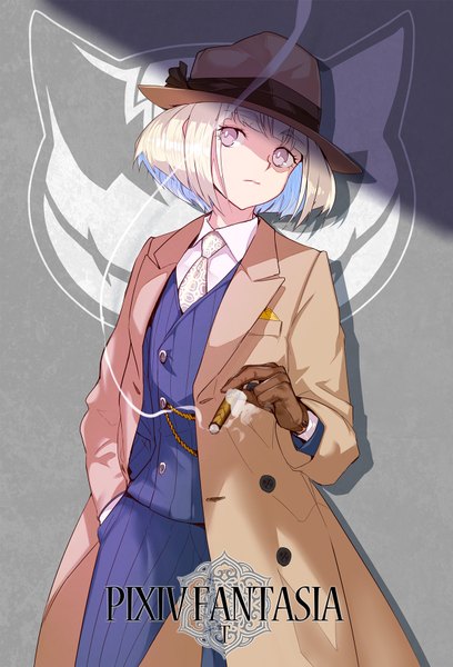 Anime picture 1182x1736 with original pixiv fantasia pixiv fantasia t realmbw single tall image looking at viewer short hair standing blue hair pink eyes multicolored hair grey hair two-tone hair smoke colored inner hair hand in pocket drawing girl gloves