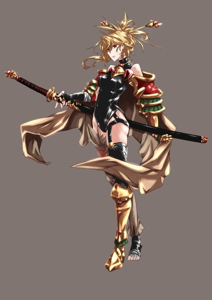 Anime picture 1240x1753 with original kaho single long hair tall image light erotic simple background blonde hair red eyes profile lips dark background girl gloves weapon sword katana bodysuit