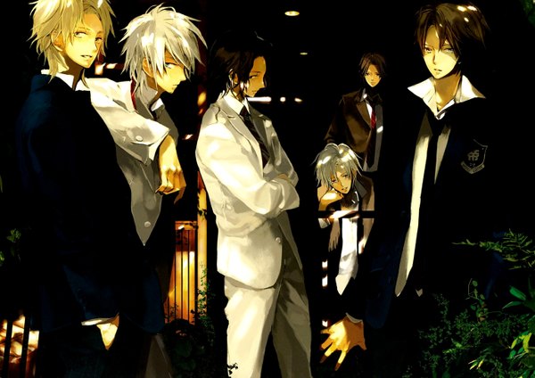 Anime picture 1412x1000 with takarai rihito short hair blonde hair brown hair white hair night group boy uniform plant (plants) school uniform suit