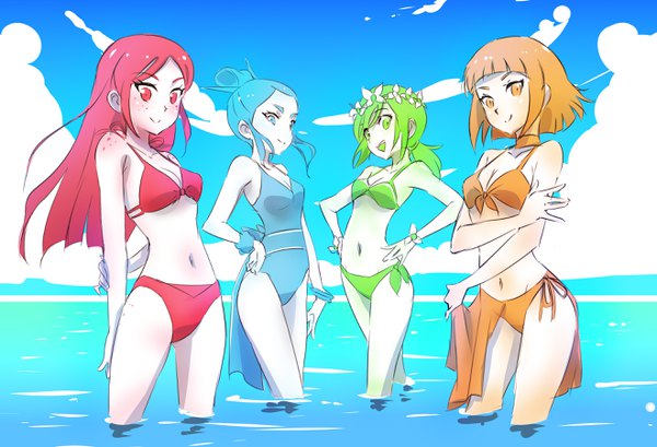 Anime picture 2640x1800 with rwby rooster teeth fall maiden spring maiden summer maiden winter maiden iesupa long hair looking at viewer highres short hair breasts open mouth blue eyes smile red eyes standing multiple girls green eyes blue hair