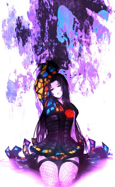 Anime picture 668x1084 with sengoku basara production i.g oichi hachiro (artist) single long hair tall image looking at viewer white background sitting purple eyes looking away purple hair girl flower (flowers) corset