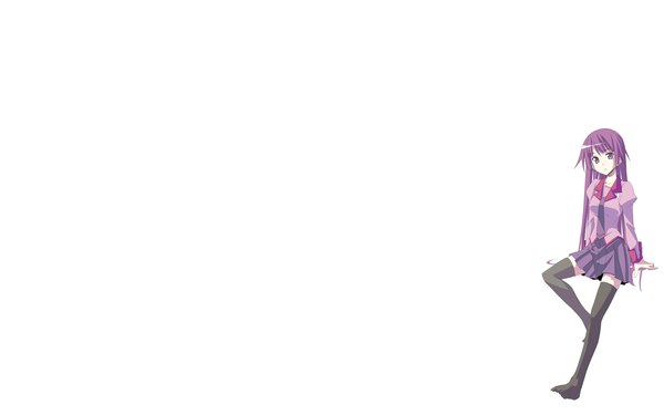 Anime picture 1280x800 with bakemonogatari shaft (studio) monogatari (series) senjougahara hitagi single long hair blue eyes wide image white background purple hair girl thighhighs uniform school uniform necktie