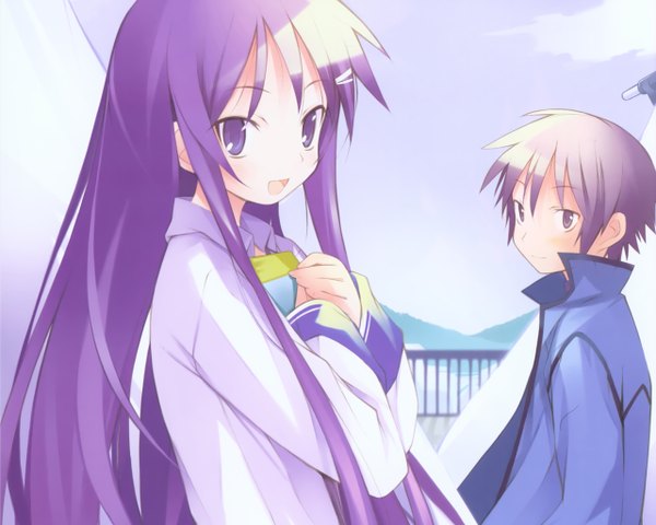 Anime picture 2560x2048 with hanbun no tsuki ga noboru sora akiba rika ezaki yuuichi yamamoto keiji long hair blush highres short hair open mouth purple eyes purple hair couple girl boy hair ornament shirt jacket hairclip book (books)