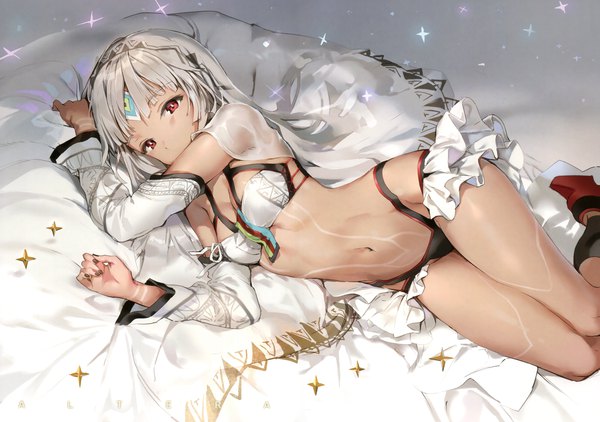 Anime picture 5522x3893 with fate (series) fate/grand order altera (fate) anmi single looking at viewer highres short hair light erotic red eyes absurdres cleavage bent knee (knees) lying nail polish fingernails grey hair scan sparkle midriff