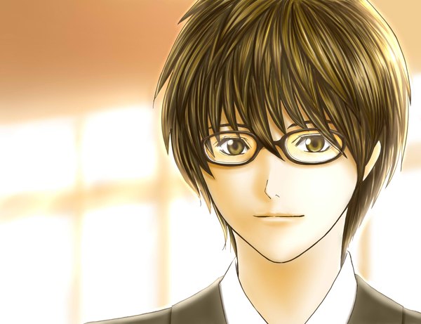 Anime picture 2047x1574 with hikaru no go studio pierrot tsutsui kimihiro kao (artist) single highres simple background brown hair brown eyes portrait face boy glasses