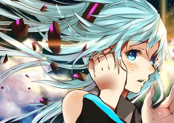 Anime picture 2000x1414 with vocaloid hatsune miku tate (donnguriumai) blush highres blue eyes cloud (clouds) aqua hair tears crying destruction girl