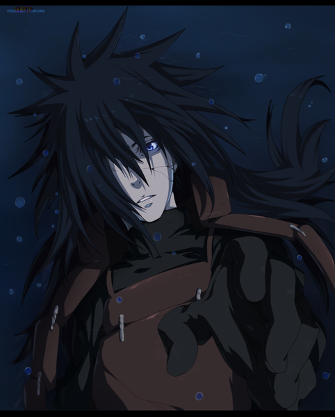 Anime picture 1280x1593 with naruto studio pierrot naruto (series) uchiha madara blazing-wizard single long hair tall image fringe blue eyes black hair hair over one eye coloring underwater boy gloves black gloves armor bubble (bubbles)